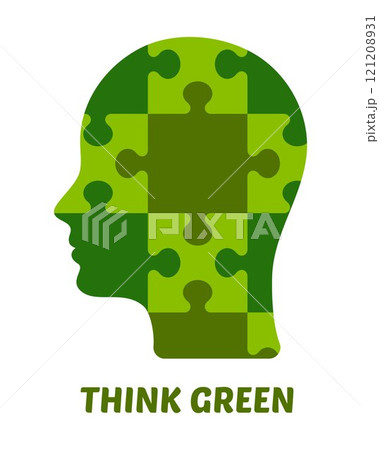 Eco-friendly illustration. Silhouette of a human head assembled from green puzzles. Mental health awareness. Symbol of mental illness. 121208931