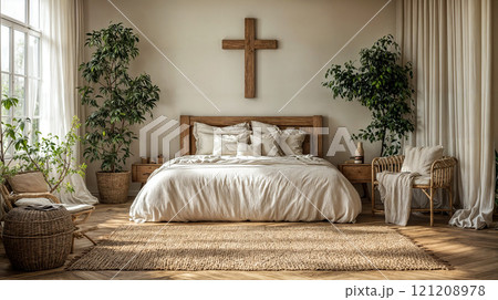 A quiet room for meditation and prayer with a cross on the wall A quiet room for meditation and prayer with a cross on the wall 121208978