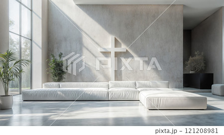 A quiet room for meditation and prayer with a cross on the wall 121208981