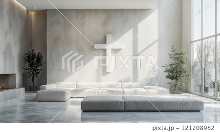 A quiet room for meditation and prayer with a cross on the wall 121208982