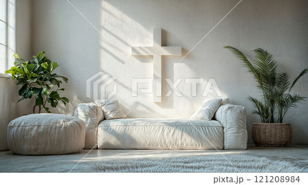 A quiet room for meditation and prayer with a cross on the wall 121208984