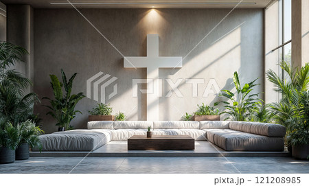 A quiet room for meditation and prayer with a cross on the wall 121208985