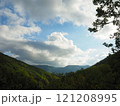 Mountain landscape with green forest and blue sky with white clouds. Mountain landscape with green forest and blue sky with white clouds. 121208995