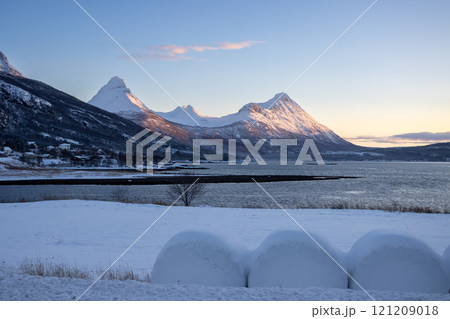 Winter landscape with a fjord and mountains,, Norway 121209018