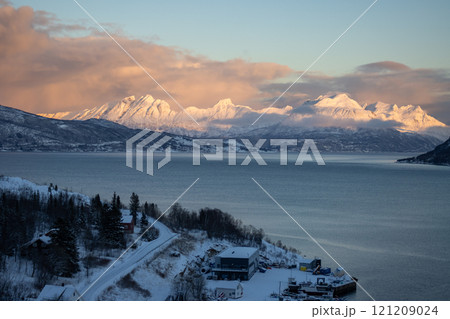 Winter landscape with a fjord and mountains,, Norway 121209024