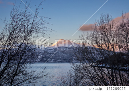 Winter landscape with a fjord and mountains,, Norway 121209025