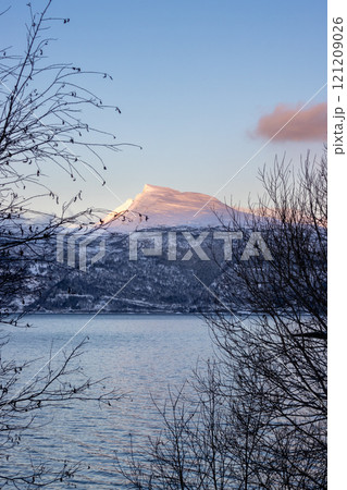 Winter landscape with a fjord and mountains,, Norway 121209026