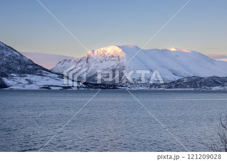 Winter landscape with a fjord and mountains,, Norway Winter landscape with a fjord and mountains,, Norway 121209028