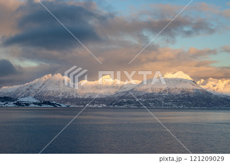 Winter landscape with a fjord and mountains,, Norway 121209029