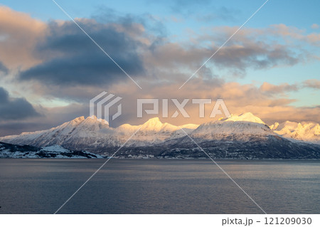Winter landscape with a fjord and mountains,, Norway 121209030
