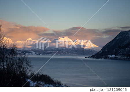 Winter landscape with a fjord and mountains,, Norway 121209046