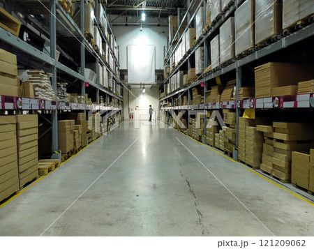 Warehouse aisle with boxed articles 121209062