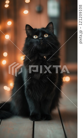 Black beautiful cat sitting on a bright background with bokeh lights 121209108