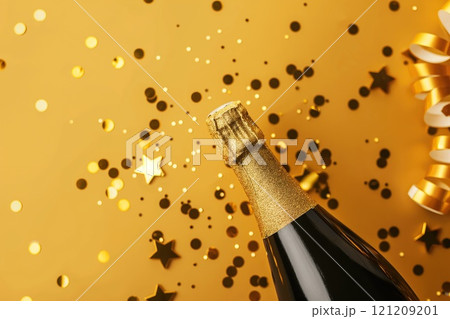 Champagne bottle and confetti on golden background. Top view with copy space 121209201