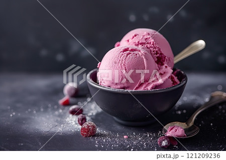 Scoops of raspberry ice cream in a bowl on dark background 121209236
