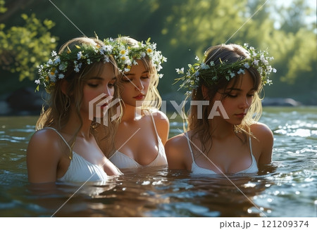 An ethereal, dreamlike scene of three young women in a forest, adorned with floral wreaths. Capturing the essence of sisterhood, unity, and natural beauty, bathed in soft sunlight amidst. 121209374