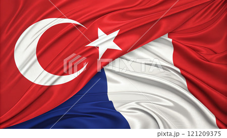 Waving Turkish and French Flags Representing International Relations 121209375