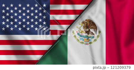 Mexico and United States two flags textile cloth, fabric texture. Waving flag. 121209379
