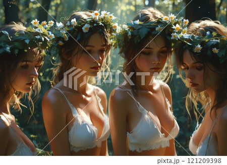 An ethereal, dreamlike scene of three young women in a forest, adorned with floral wreaths. Capturing the essence of sisterhood, unity, and natural beauty, bathed in soft sunlight amidst. 121209398