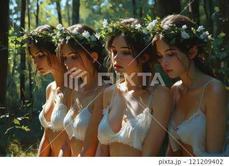 An ethereal, dreamlike scene of three young women in a forest, adorned with floral wreaths. Capturing the essence of sisterhood, unity, and natural beauty, bathed in soft sunlight amidst. 121209402