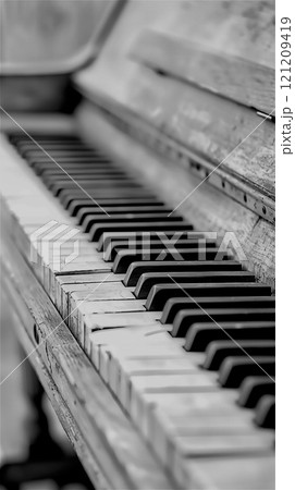This is a black and white photograph depicting an old piano keyboard This is a black and white photograph depicting an old piano keyboard 121209419