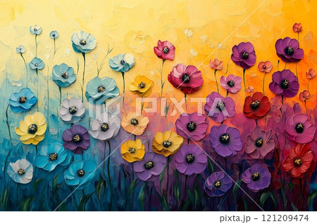 Bright floral artwork showcasing colorful flowers against a vibrant background 121209474