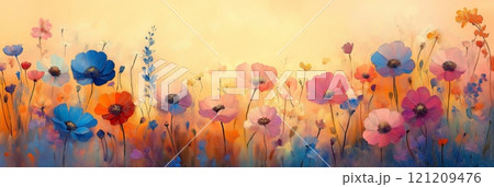 Colorful wildflowers bloom in a vibrant field during sunset 121209476
