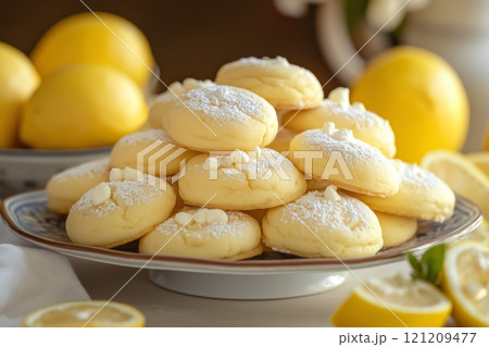 Delicious lemon cookies arranged on a decorative plate with fresh lemons 121209477