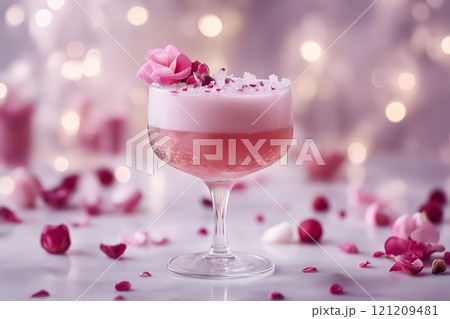 Elegant pink cocktail garnished with flowers in a romantic setting Elegant pink cocktail garnished with flowers in a romantic setting 121209481