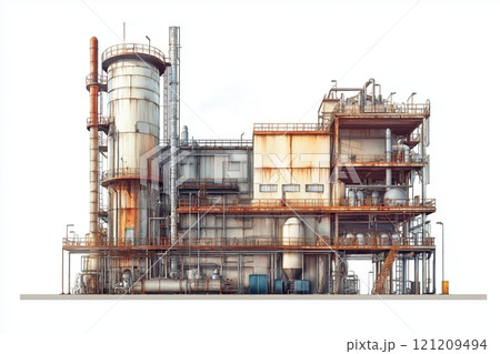 Industrial facility showing rusted structures and complex machinery systems white background 121209494