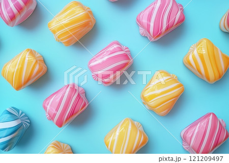 Colorful candy sweets arranged on a bright blue surface for a joyful treat 121209497