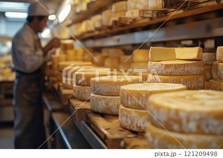 Cheese makers at work in a traditional dairy facility during the day 121209498