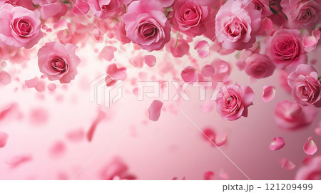 Delicate pink roses and petals create a romantic floral background, copy space 121209499