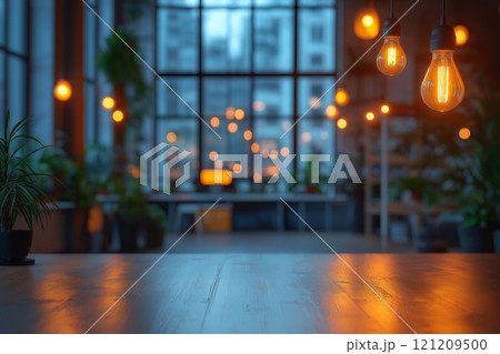 Cozy indoor space with warm lighting and modern decor in the evening 121209500
