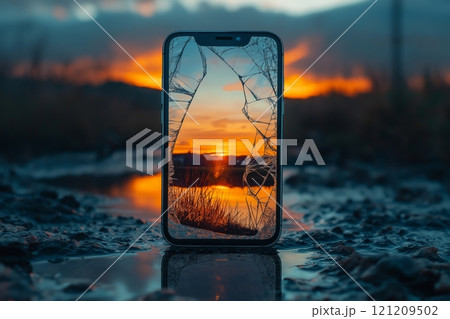 Broken smartphone displays a vibrant sunset reflection in the water 121209502