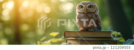 Curious owl perched on a stack of books in a sunlit forest setting, copy space 121209503