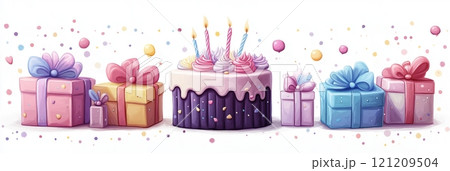Colorful cake and gift boxes adorn a festive birthday celebration table banner 121209504