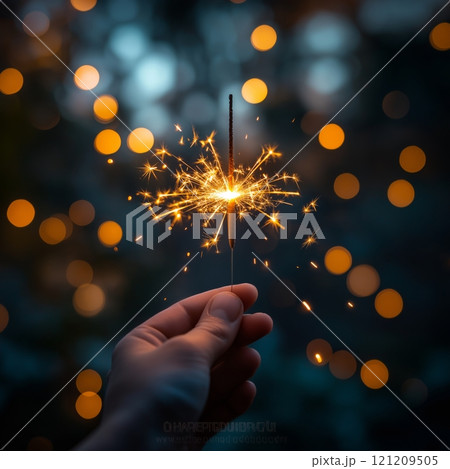 Celebration sparkler lit in hand against blurred festive background 121209505