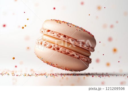 Delicate pink macaron floating with colorful sprinkles around it 121209506