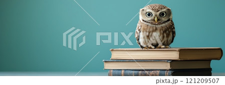 Small owl perched on stack of books against a teal background with copy space 121209507