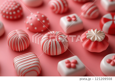 Colorful confectionery assortment on pink background during daytime 121209508