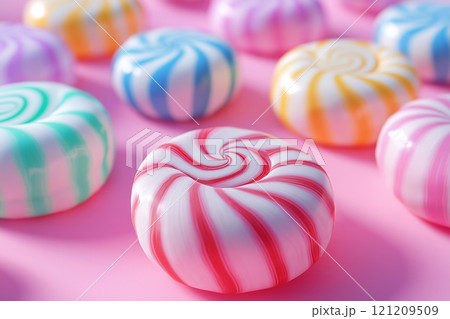 Colorful spiral candies arranged on a pink background for festive display 121209509