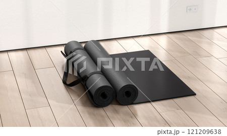 Blank black rolled yoga mat on floor shadow mockup Blank black rolled yoga mat on floor shadow mockup 121209638
