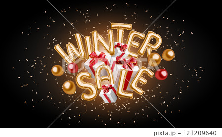 Decorative inflated foil balloon 2025 winter sale font, black background 121209640