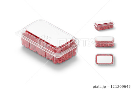 Blank transparent plastic box with raspberry mockup, different views Blank transparent plastic box with raspberry mockup, different views 121209645