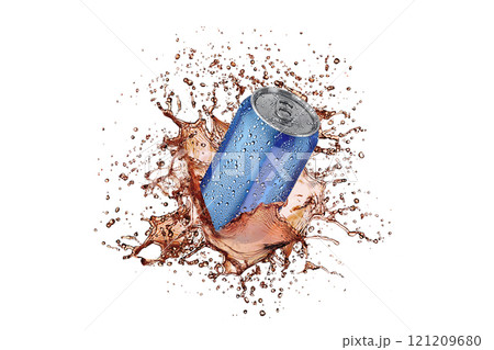 Blank blue aluminum 330 ml soda can with drops splash mockup Blank blue aluminum 330 ml soda can with drops splash mockup 121209680