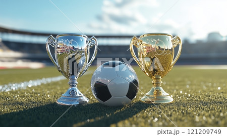 Shiny golden and silver trophy cups with a ball in front of them on a blurry stadium background. 121209749