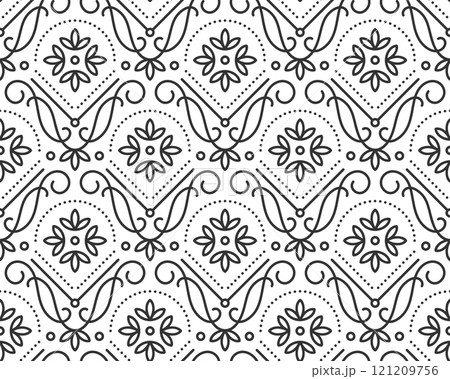 Geometric seamless vintage pattern with floral motifs, elegant swirls. Delicate ornate thin line art retro luxury background. Repeating monochrome ornamental flourishes dots and fine design details Geometric seamless vintage pattern with floral motifs, elegant swirls. Delicate ornate thin line art retro luxury background. Repeating monochrome ornamental flourishes dots and fine design details 121209756