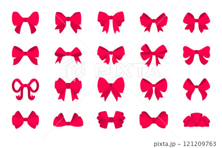 red pink bow icon flat set. Tie butterfly, knot decoration for gift, birthday, christmas present, valentine, wedding card, holiday surprise. Elegant decor for box, package or web site celebration sign 121209763
