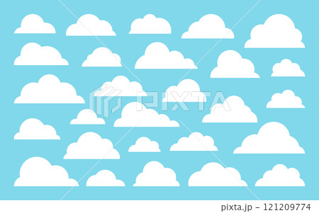 White fluffy clouds silhouettes on bright light blue sky. Cartoon puffy soft round vapor edges, float cloud various sizes minimalistic clear simple flat mist shapes, calm drift fog atmosphere White fluffy clouds silhouettes on bright light blue sky. Cartoon puffy soft round vapor edges, float cloud various sizes minimalistic clear simple flat mist shapes, calm drift fog atmosphere 121209774